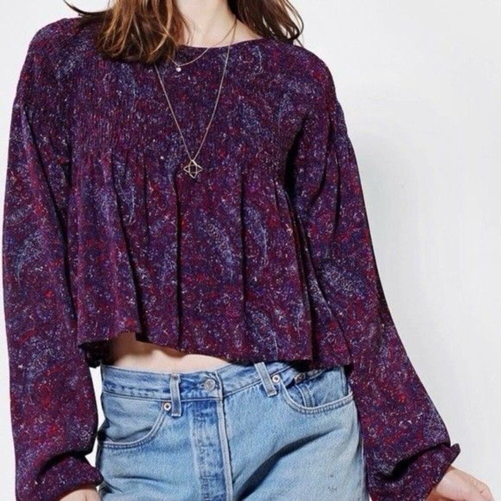 Staring at Stars Purple Paisley BOHO Long Sleeve Cropped Smocked Top Size S